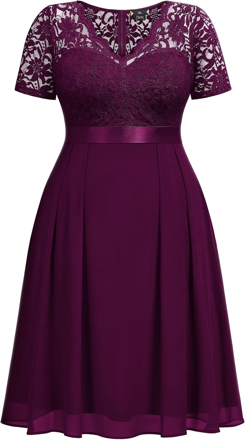 MISSMAY Women's Plus Size Lace Contrast Chiffon V Neck Flowy Cocktail Wedding Guest Midi Dress