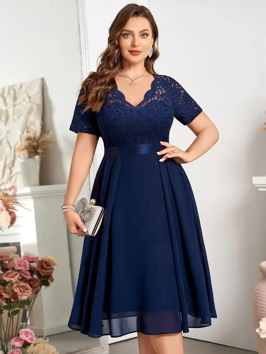MISSMAY Women's Plus Size Lace Contrast Chiffon V Neck Flowy Cocktail Wedding Guest Midi Dress