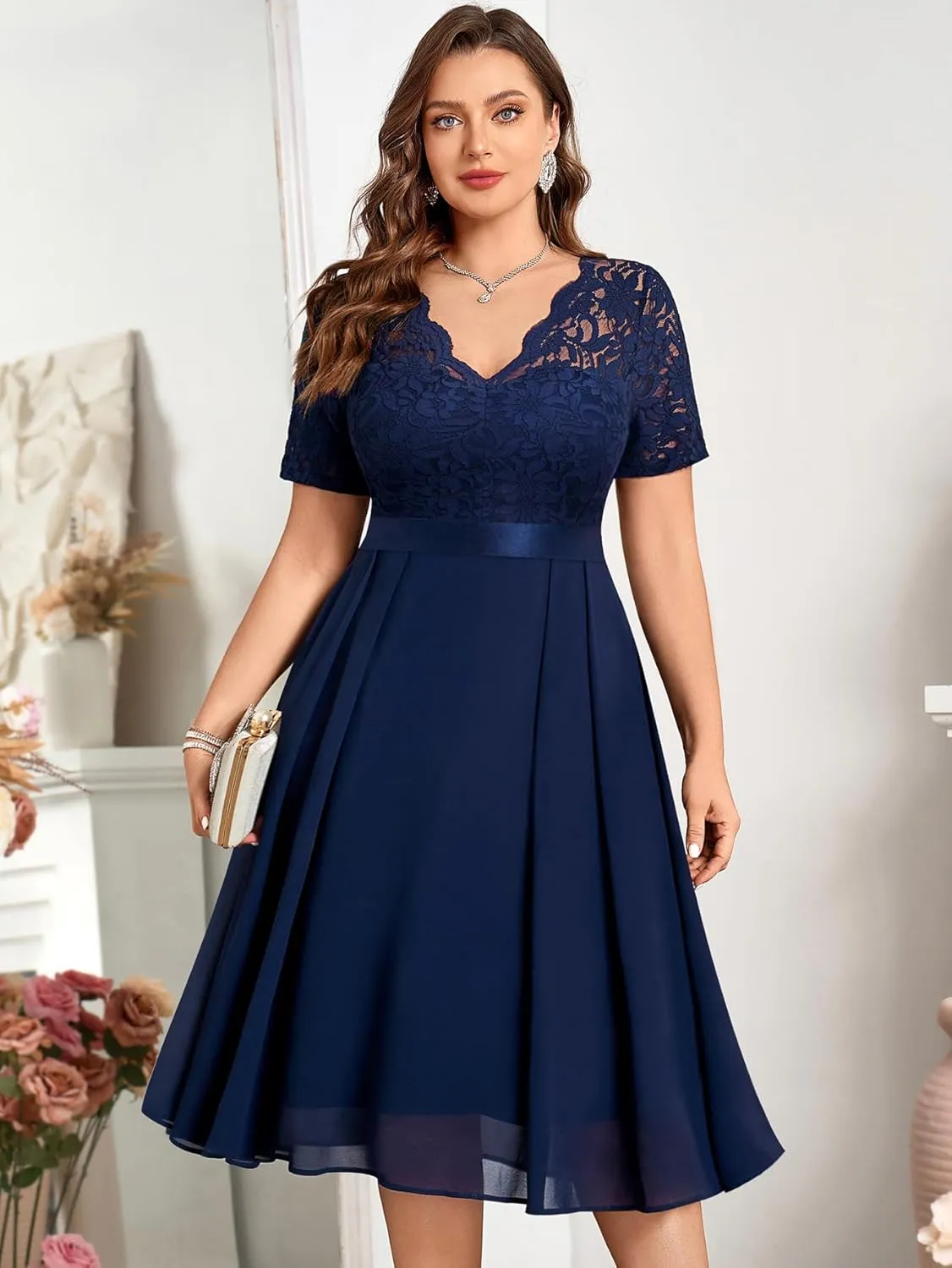 MISSMAY Women's Plus Size Lace Contrast Chiffon V Neck Flowy Cocktail Wedding Guest Midi Dress