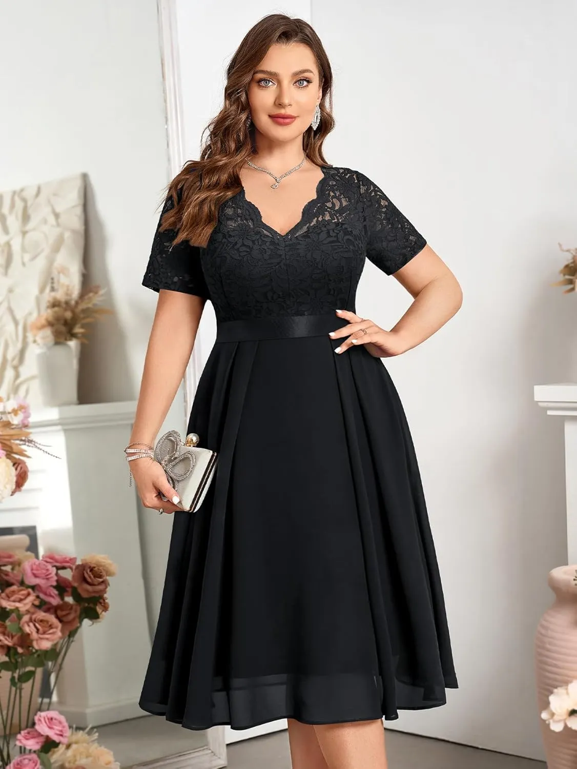 MISSMAY Women's Plus Size Lace Contrast Chiffon V Neck Flowy Cocktail Wedding Guest Midi Dress