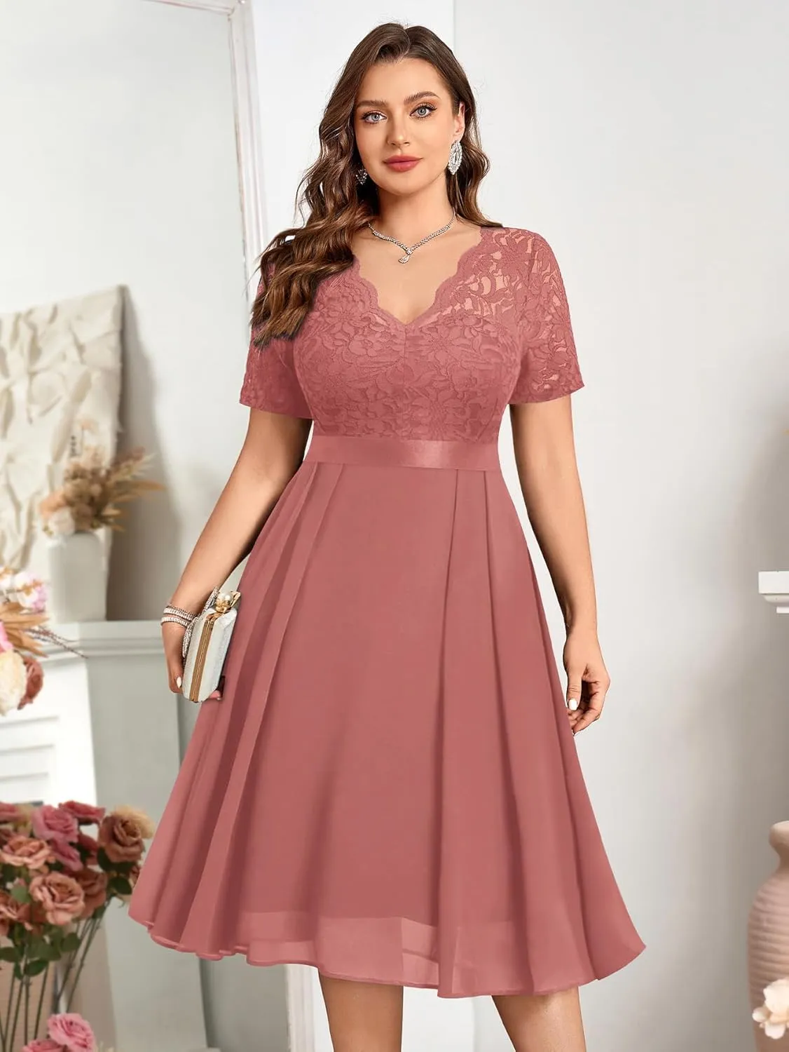 MISSMAY Women's Plus Size Lace Contrast Chiffon V Neck Flowy Cocktail Wedding Guest Midi Dress
