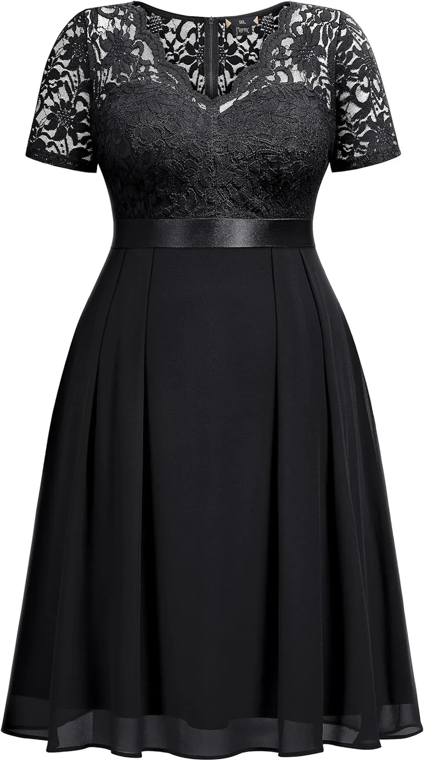 MISSMAY Women's Plus Size Lace Contrast Chiffon V Neck Flowy Cocktail Wedding Guest Midi Dress
