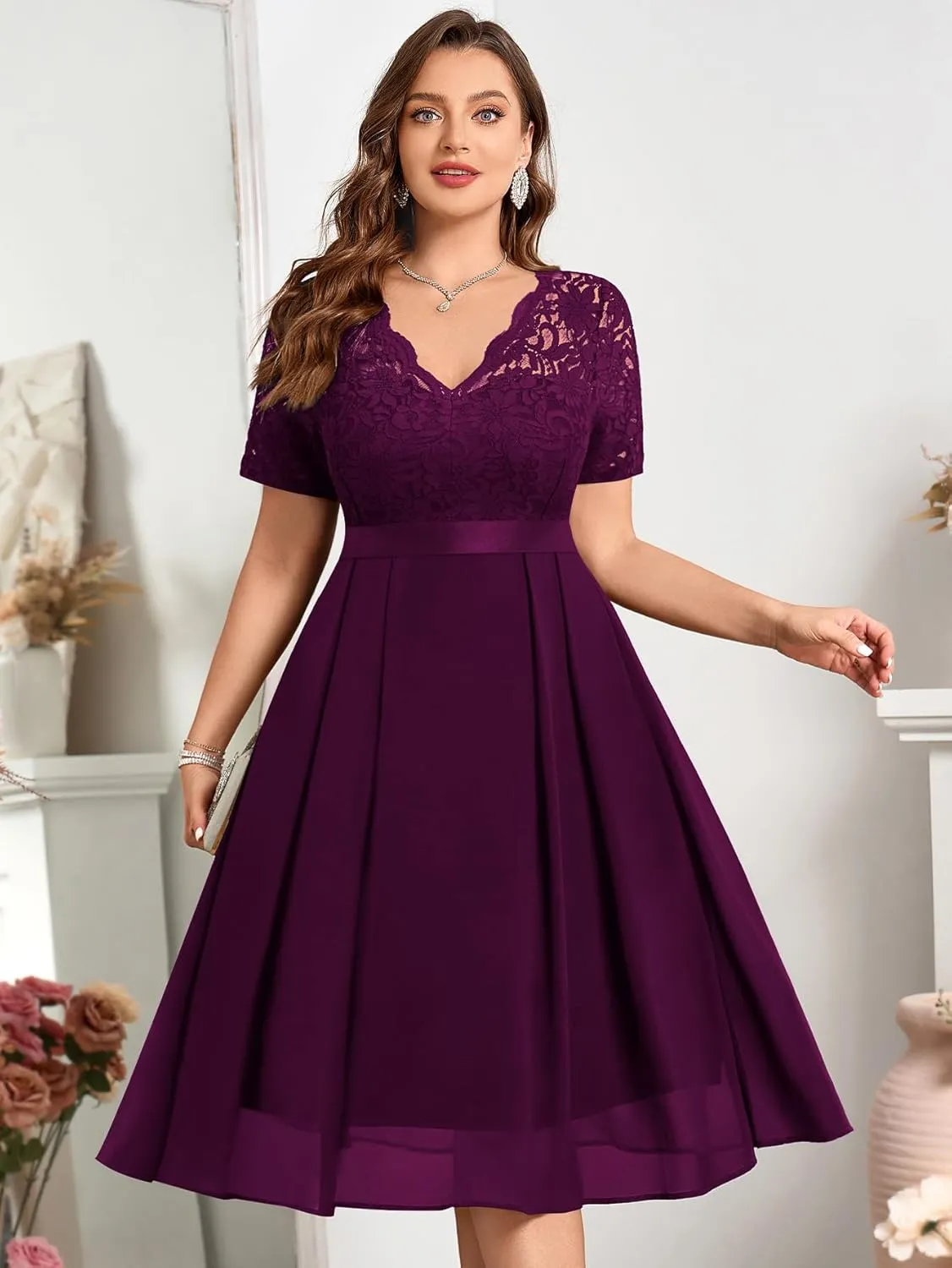 MISSMAY Women's Plus Size Lace Contrast Chiffon V Neck Flowy Cocktail Wedding Guest Midi Dress