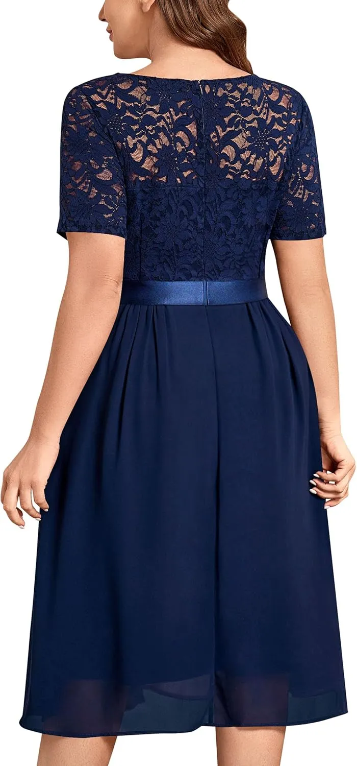 MISSMAY Women's Plus Size Lace Contrast Chiffon V Neck Flowy Cocktail Wedding Guest Midi Dress
