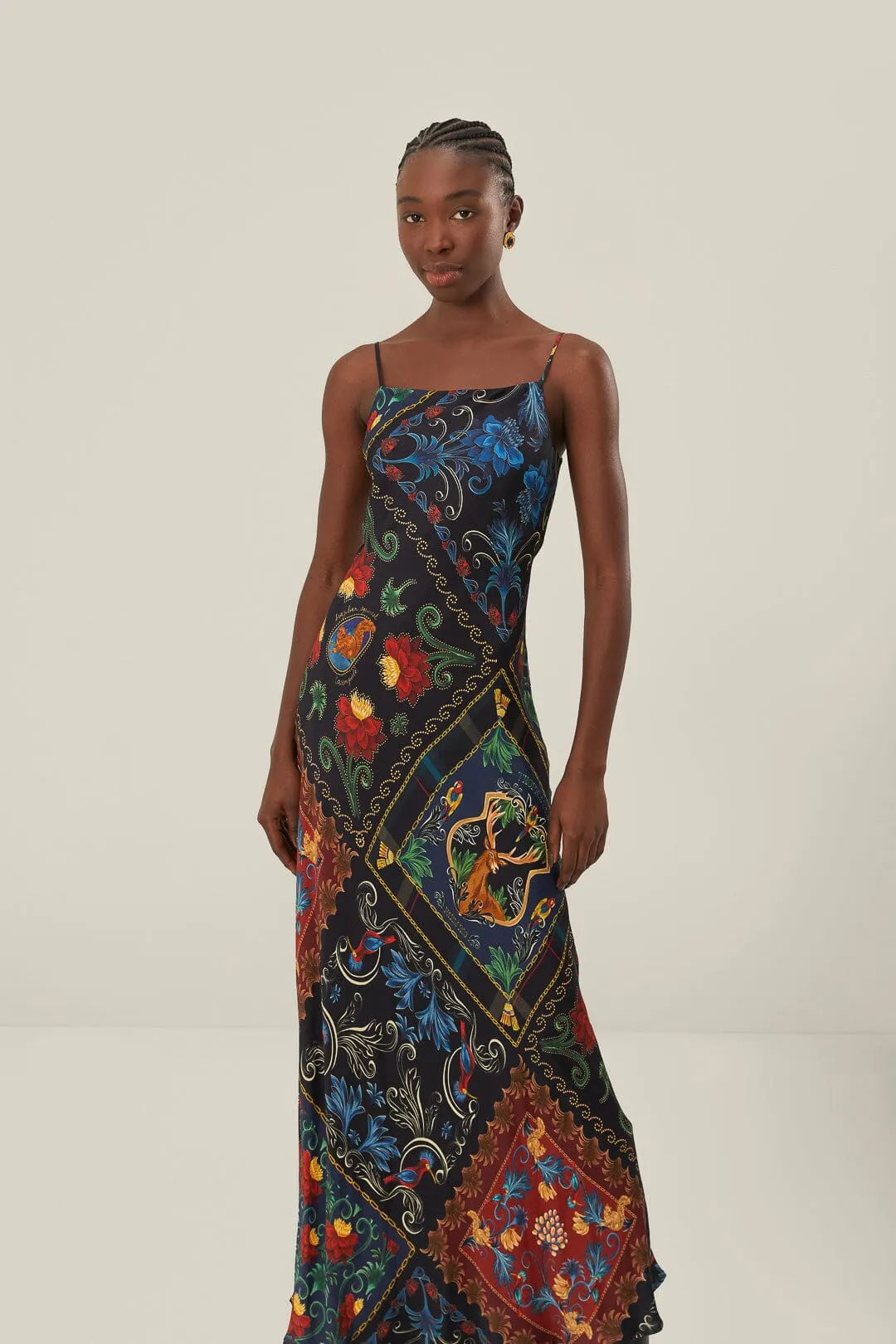 Mixed Arabesque Scarved Black Sleeveless Maxi Dress