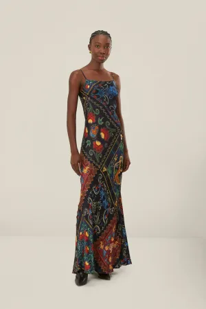 Mixed Arabesque Scarved Black Sleeveless Maxi Dress