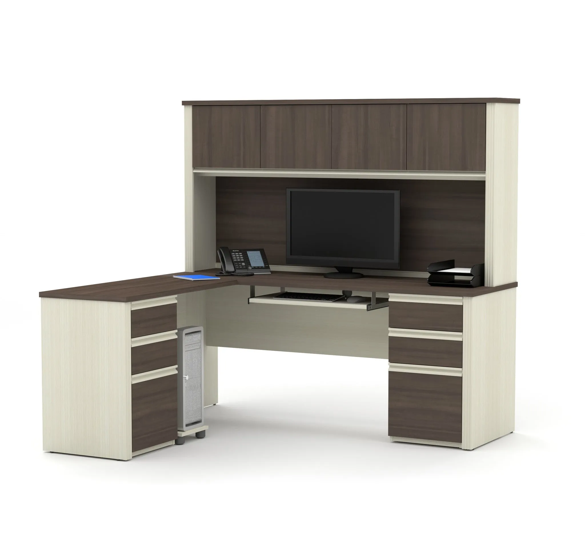 Modern L-shaped Desk with Hutch in White Chocolate & Antigua