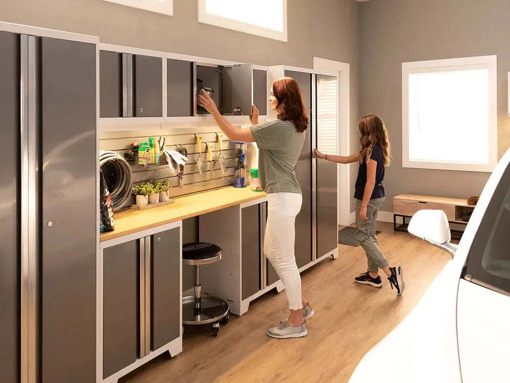 NewAge Products Bold Series 3 Piece Cabinet Set with Slatwall, Wall Cabinets and 48 in. Display Shelf