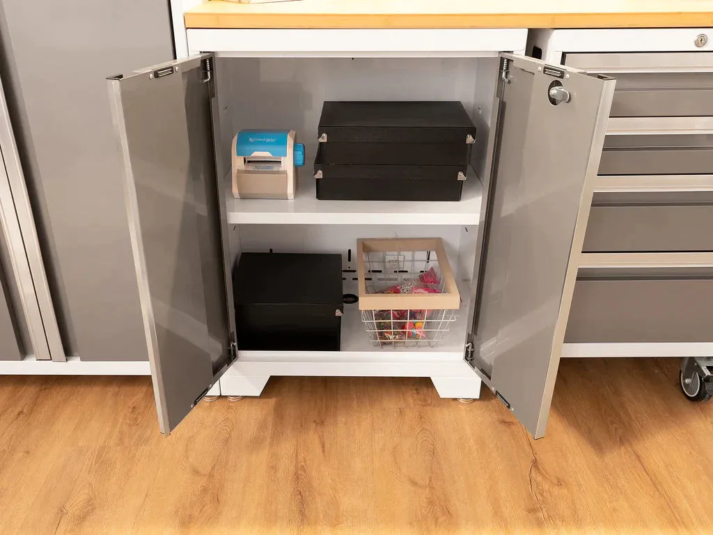 NewAge Products Bold Series 3 Piece Cabinet Set with Slatwall, Wall Cabinets and 48 in. Display Shelf