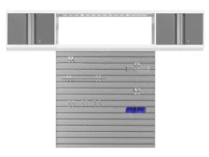 NewAge Products Bold Series 3 Piece Cabinet Set with Slatwall, Wall Cabinets and 48 in. Display Shelf