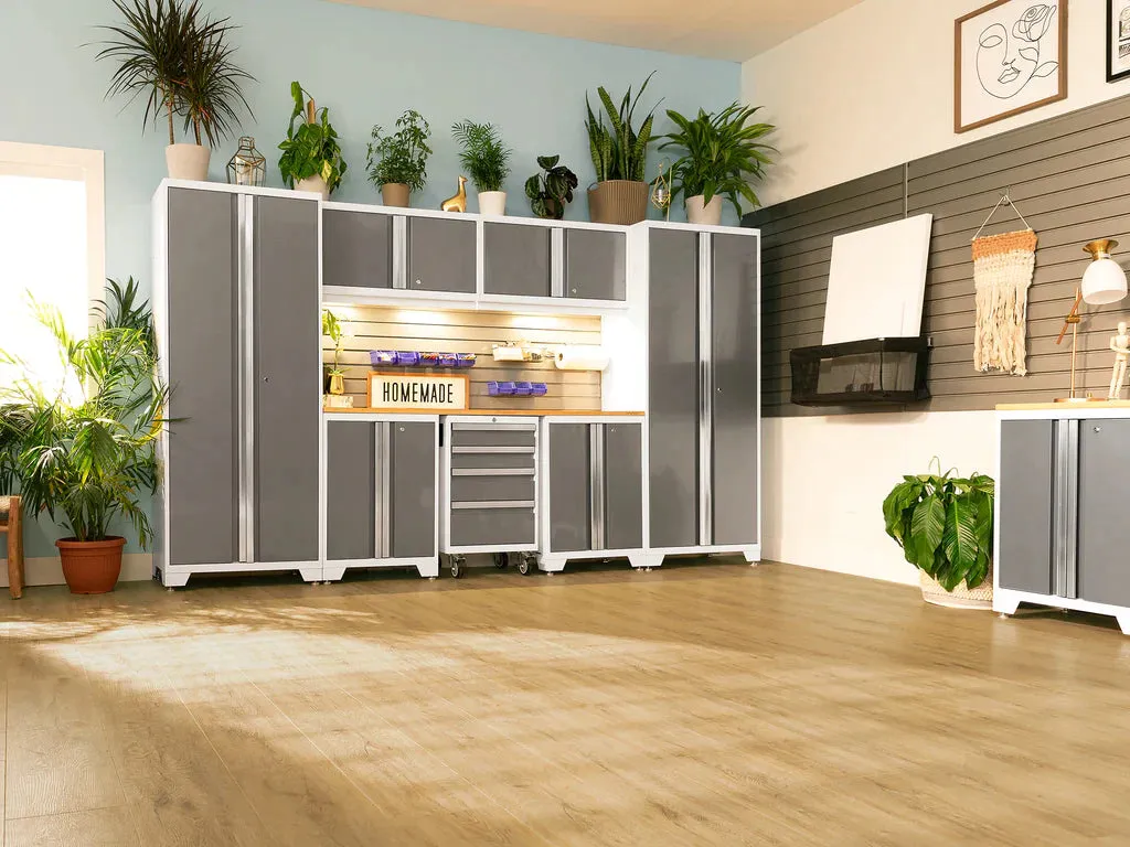 NewAge Products Bold Series 3 Piece Cabinet Set with Slatwall, Wall Cabinets and 48 in. Display Shelf