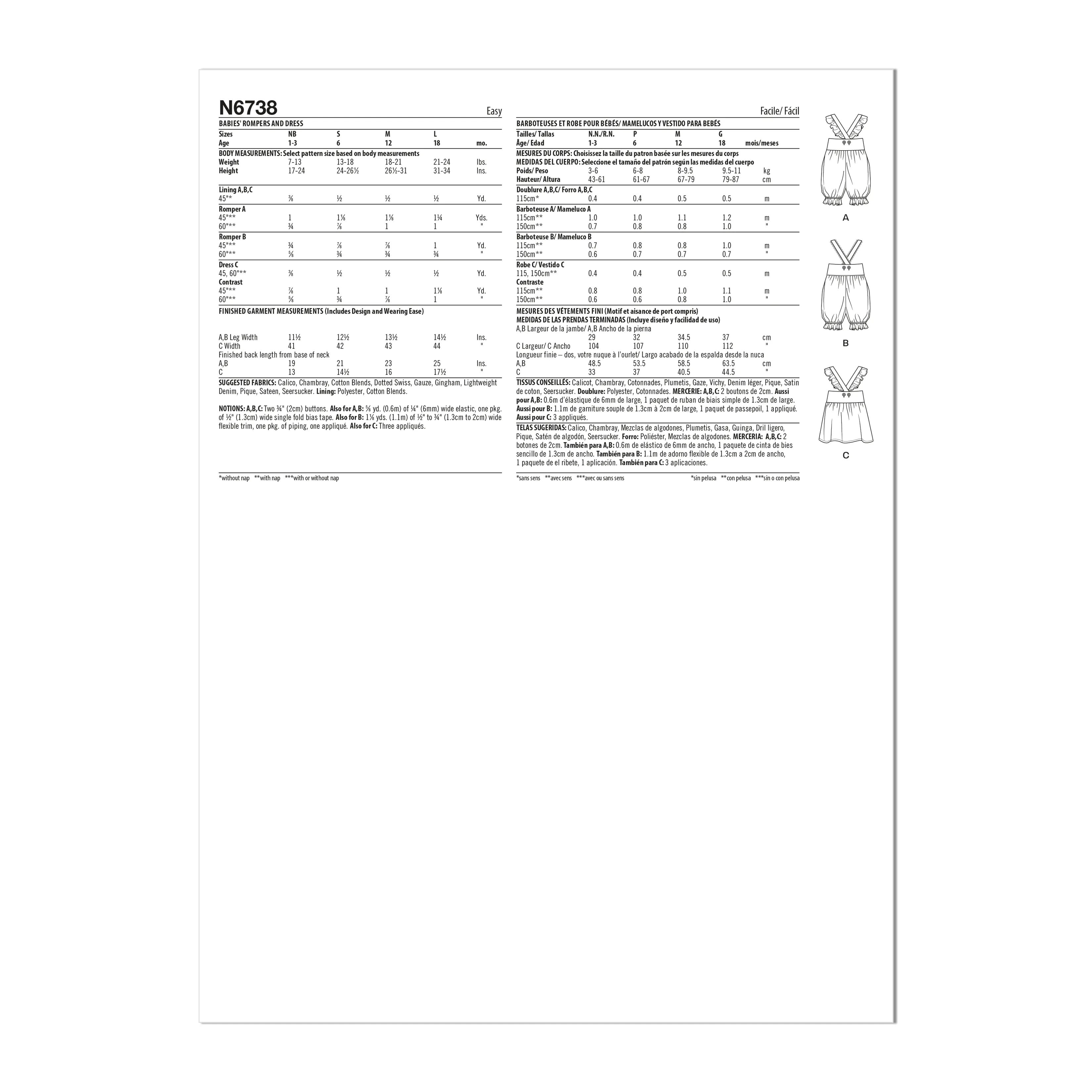 Newlook Pattern 6738 Babies' Rompers and Dress