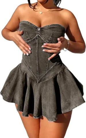 NRTHYE Women's Sexy Strapless Denim Dress Off Shoulder Corset Tube Summer Mini Jean Dresses