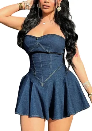 NRTHYE Women's Sexy Strapless Denim Dress Off Shoulder Corset Tube Summer Mini Jean Dresses