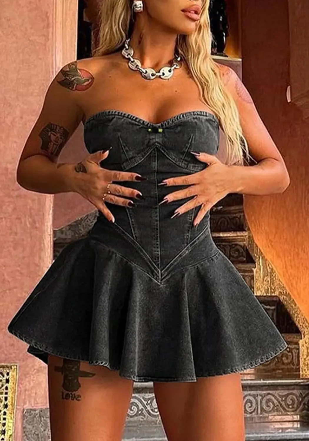 NRTHYE Women's Sexy Strapless Denim Dress Off Shoulder Corset Tube Summer Mini Jean Dresses