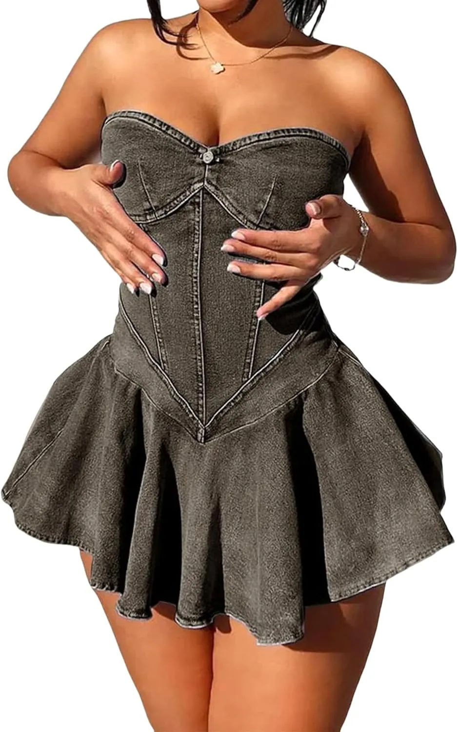 NRTHYE Women's Sexy Strapless Denim Dress Off Shoulder Corset Tube Summer Mini Jean Dresses