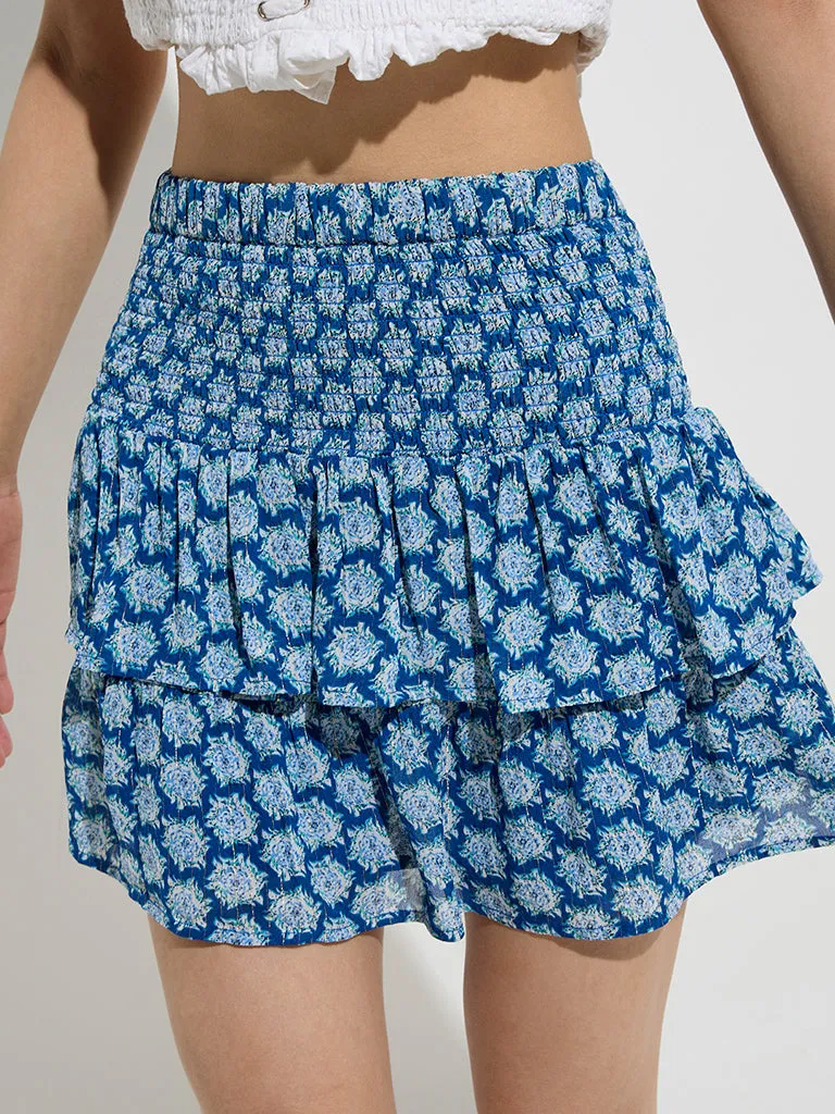 Nuon Blue Floral Pattern High-Rise Cotton Skirt