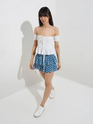 Nuon Blue Floral Pattern High-Rise Cotton Skirt