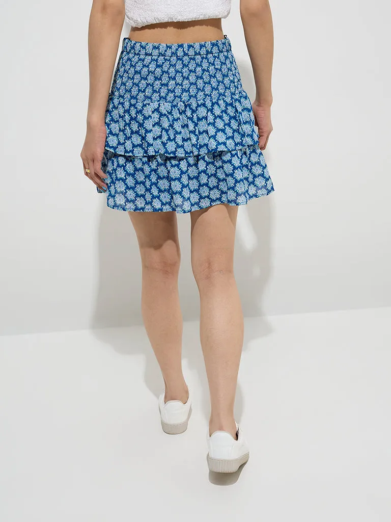Nuon Blue Floral Pattern High-Rise Cotton Skirt