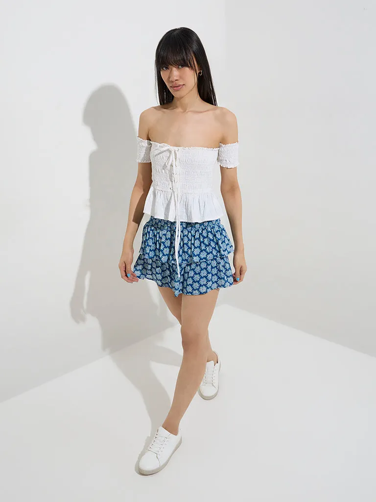 Nuon Blue Floral Pattern High-Rise Cotton Skirt