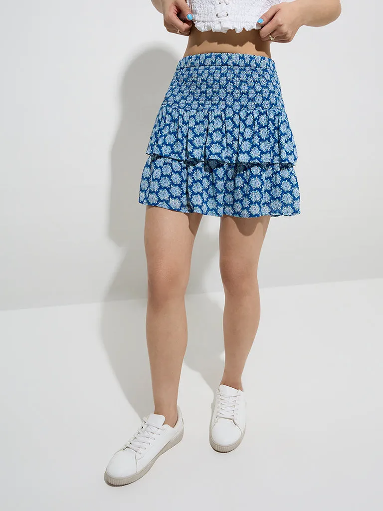 Nuon Blue Floral Pattern High-Rise Cotton Skirt