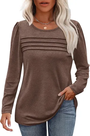 OFEEFAN Long Sleeve Shirts for Women Fall Fashion 2025 Dressy Casual Blouses Trendy Pleated Tunic Tops for Leggings