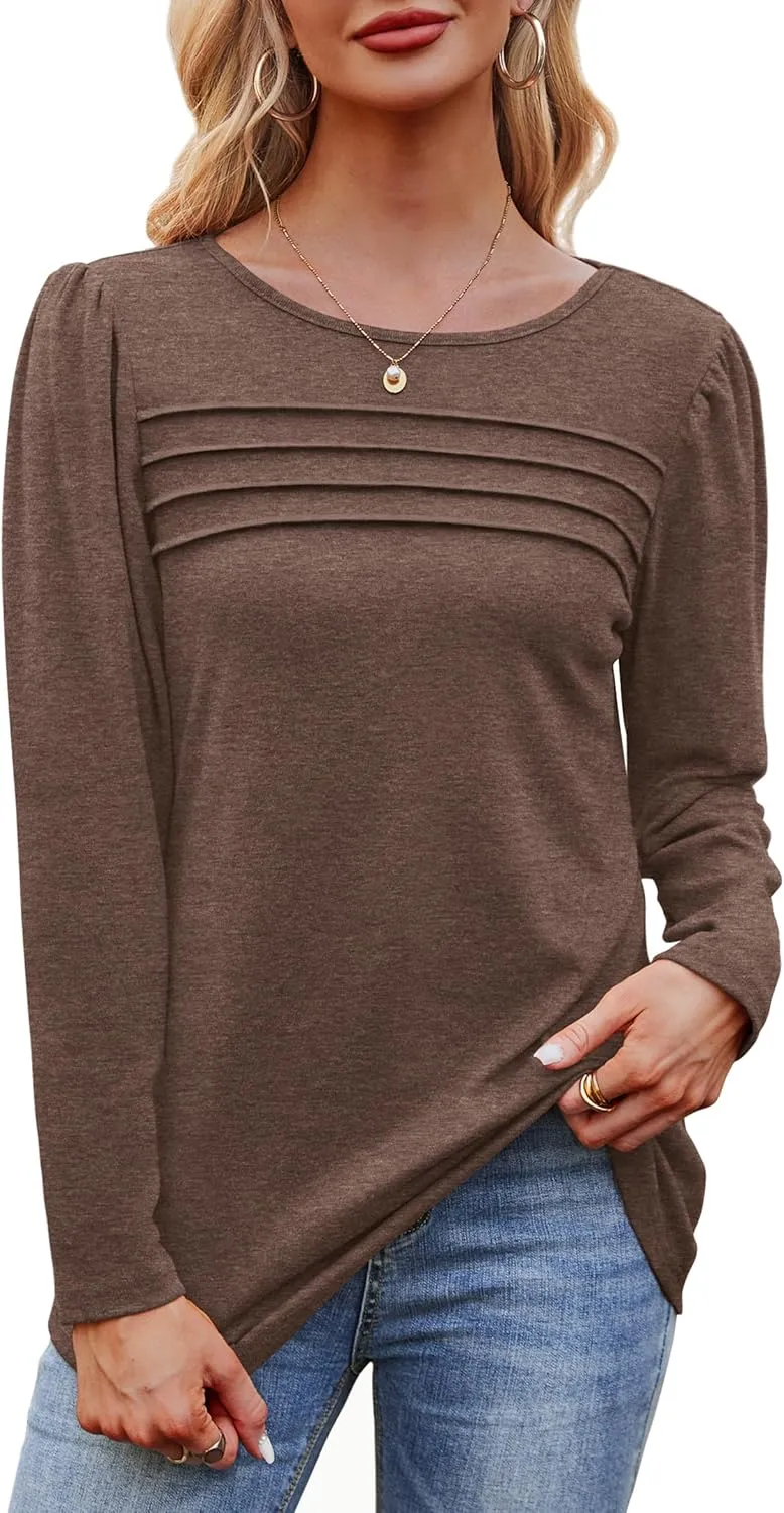 OFEEFAN Long Sleeve Shirts for Women Fall Fashion 2025 Dressy Casual Blouses Trendy Pleated Tunic Tops for Leggings