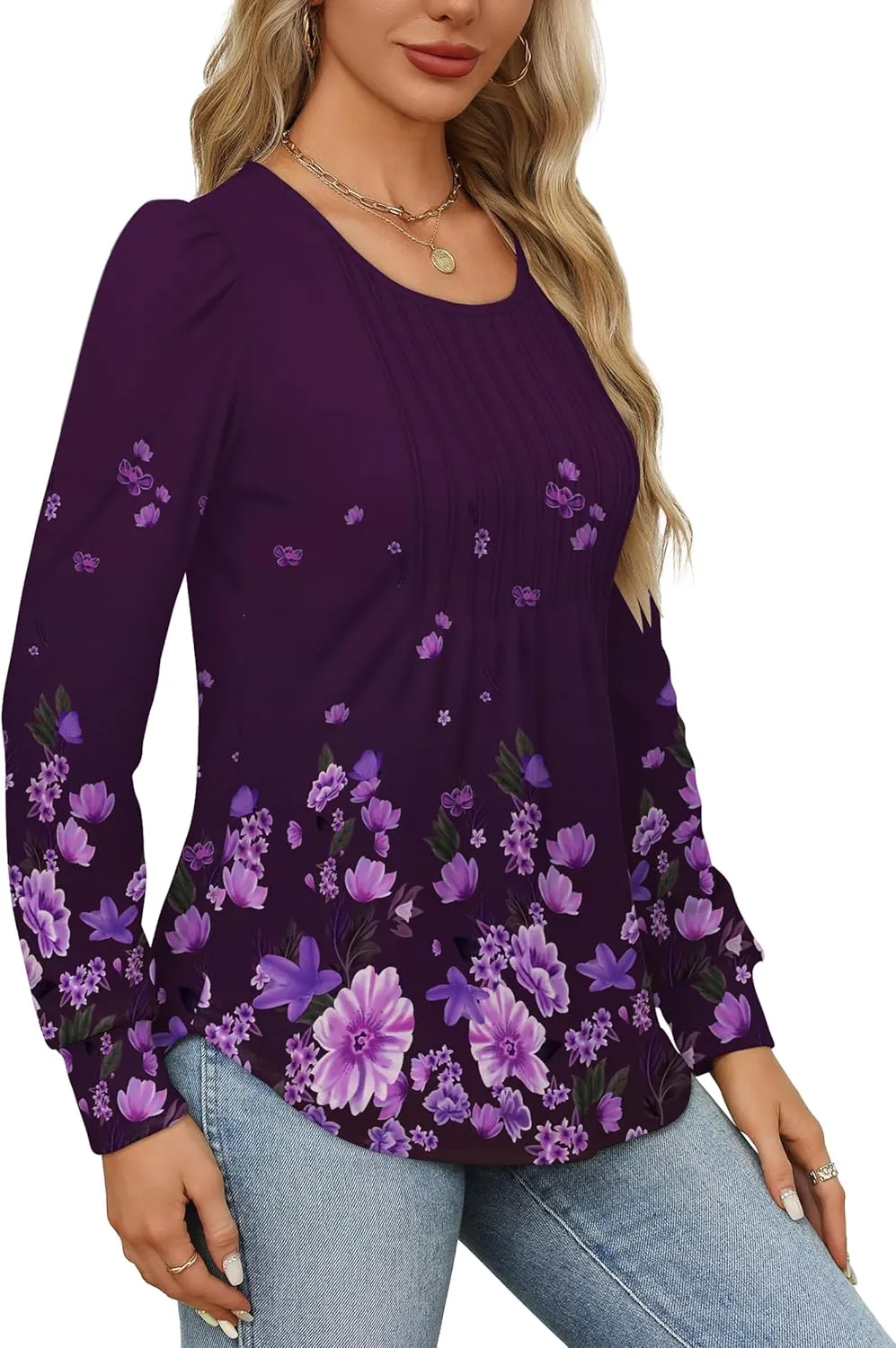 OFEEFAN Long Sleeve Shirts for Women Fall Tops Dressy Casual Blouses Pleated Scooped Neck Tunic Tops for Leggings