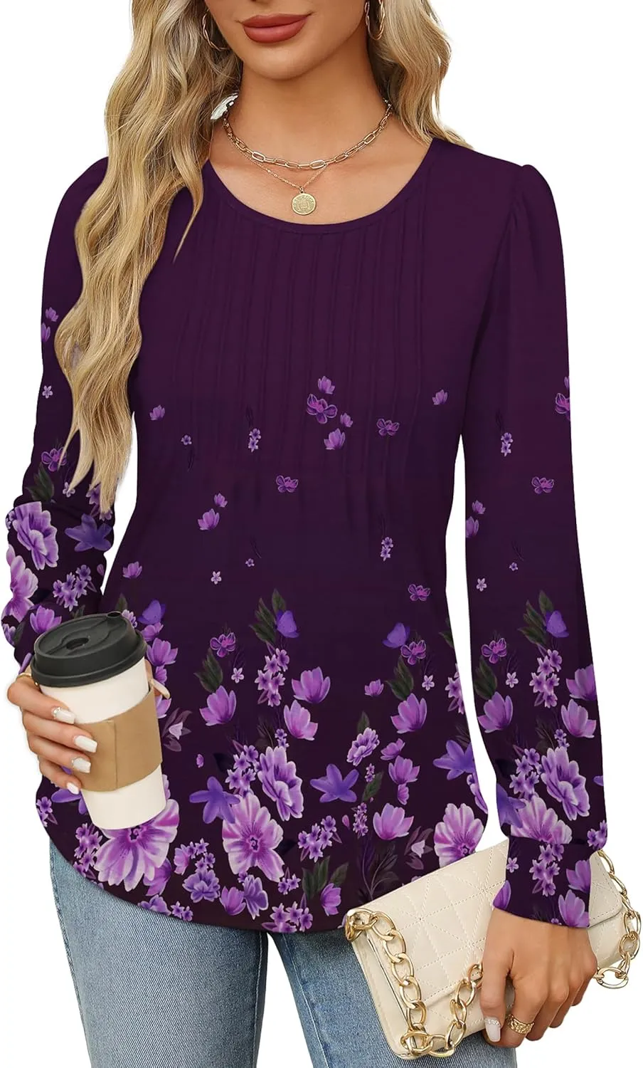 OFEEFAN Long Sleeve Shirts for Women Fall Tops Dressy Casual Blouses Pleated Scooped Neck Tunic Tops for Leggings