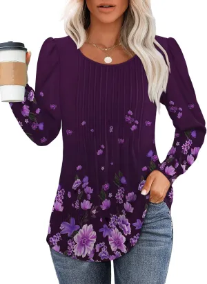 OFEEFAN Long Sleeve Shirts for Women Fall Tops Dressy Casual Blouses Pleated Scooped Neck Tunic Tops for Leggings