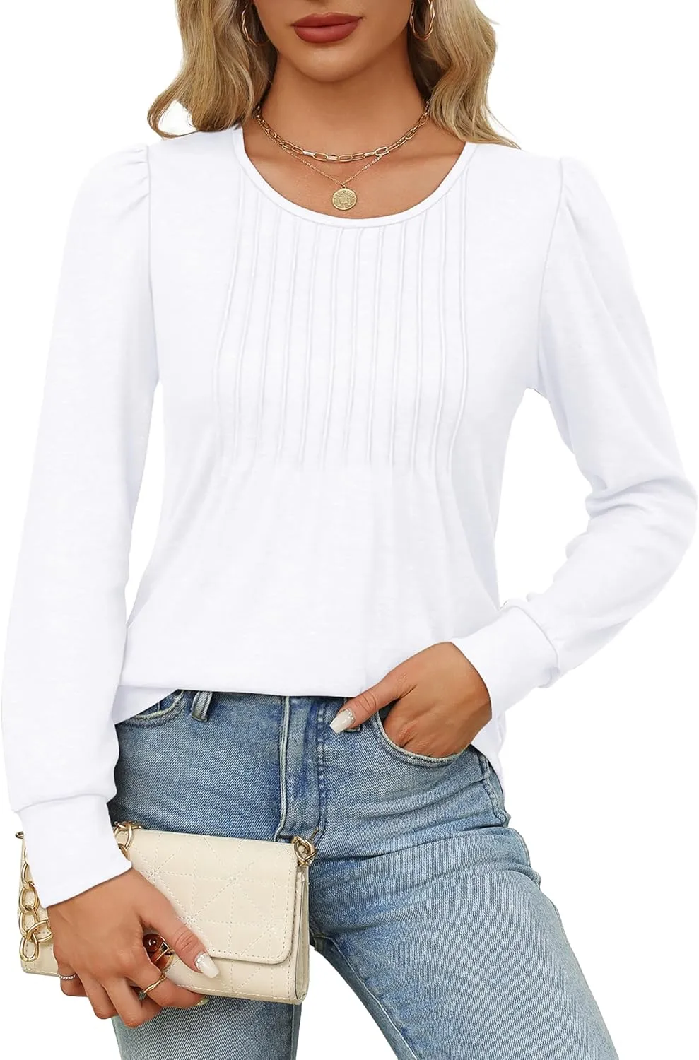 OFEEFAN Long Sleeve Shirts for Women Fall Tops Dressy Casual Blouses Pleated Scooped Neck Tunic Tops for Leggings