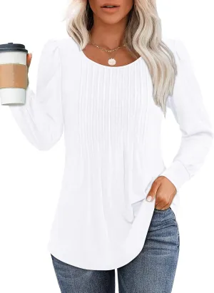 OFEEFAN Long Sleeve Shirts for Women Fall Tops Dressy Casual Blouses Pleated Scooped Neck Tunic Tops for Leggings