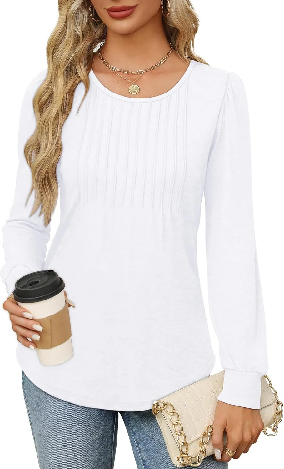 OFEEFAN Long Sleeve Shirts for Women Fall Tops Dressy Casual Blouses Pleated Scooped Neck Tunic Tops for Leggings