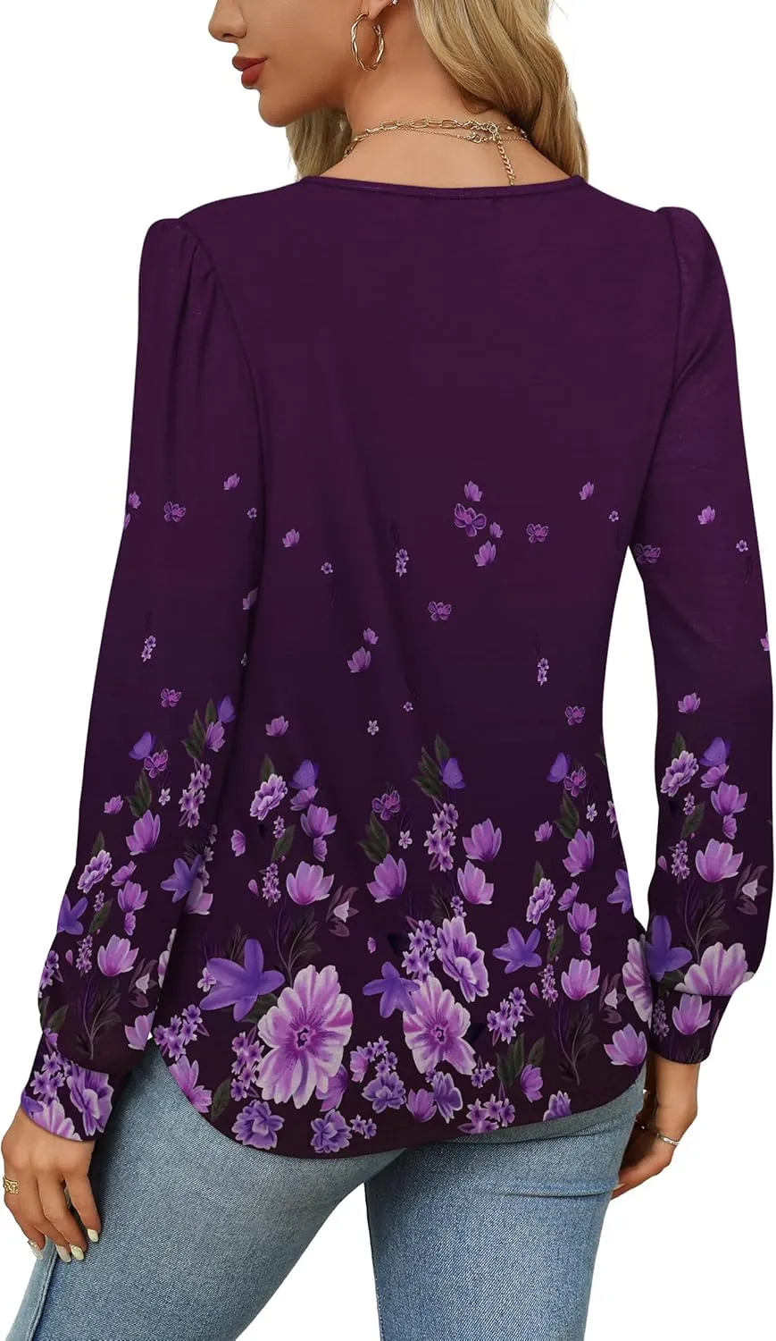 OFEEFAN Long Sleeve Shirts for Women Fall Tops Dressy Casual Blouses Pleated Scooped Neck Tunic Tops for Leggings