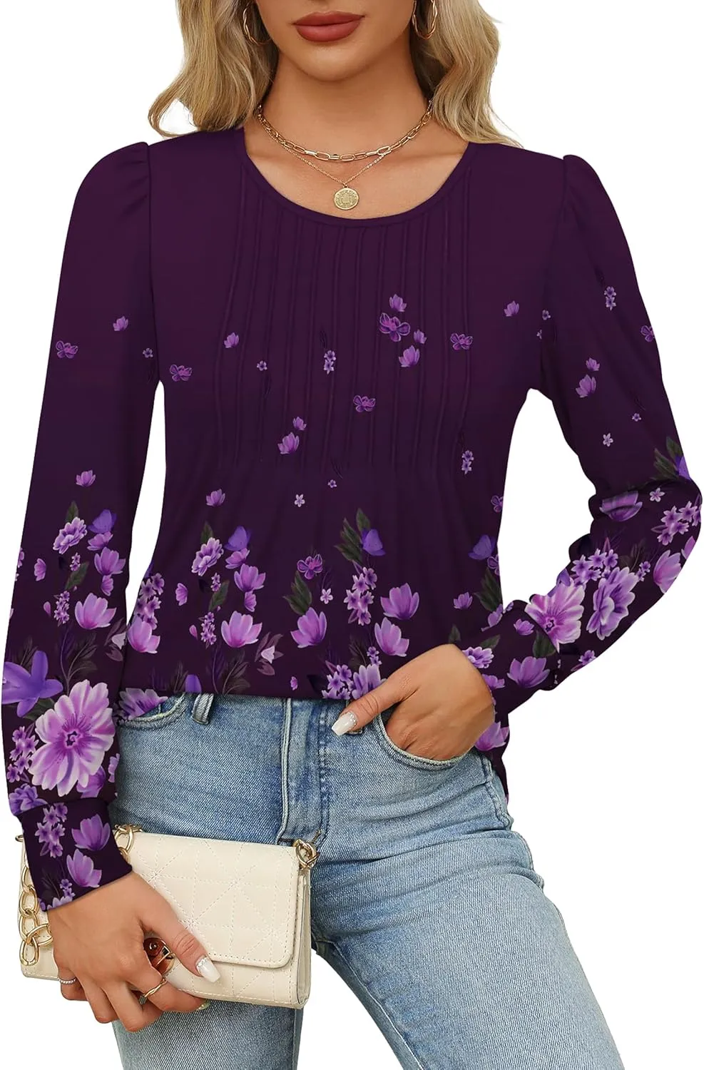 OFEEFAN Long Sleeve Shirts for Women Fall Tops Dressy Casual Blouses Pleated Scooped Neck Tunic Tops for Leggings