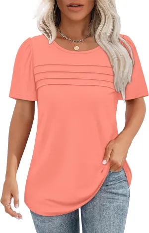 OFEEFAN Womens T Shirts Short Sleeve Tops Dressy Casual Blouses Spring Summer Outfits Flowy Pleated Front Scooped Neck