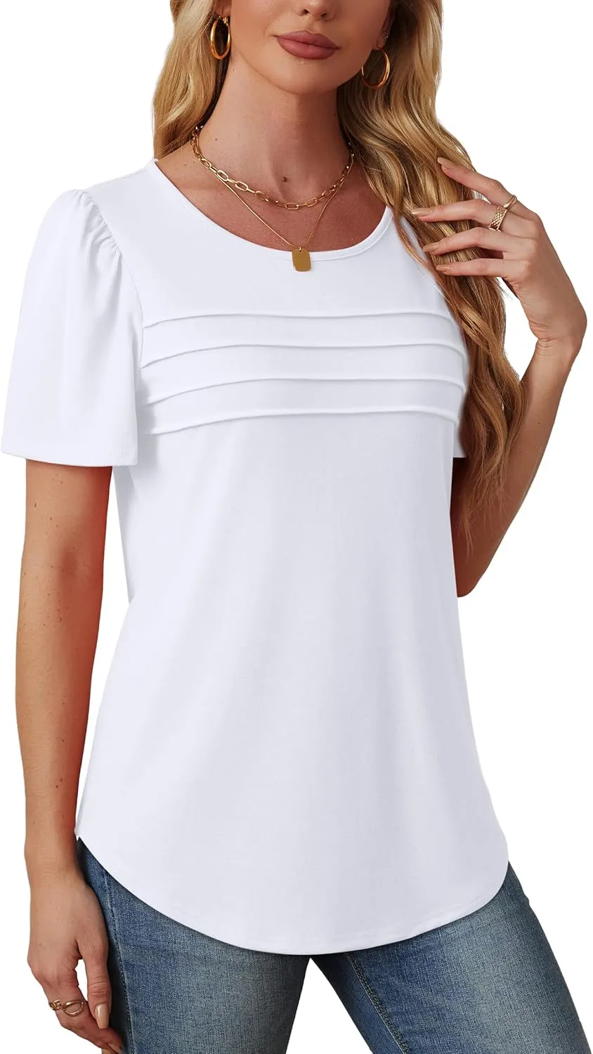 OFEEFAN Womens T Shirts Short Sleeve Tops Dressy Casual Blouses Spring Summer Outfits Flowy Pleated Front Scooped Neck