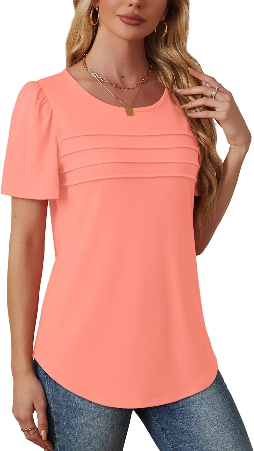 OFEEFAN Womens T Shirts Short Sleeve Tops Dressy Casual Blouses Spring Summer Outfits Flowy Pleated Front Scooped Neck