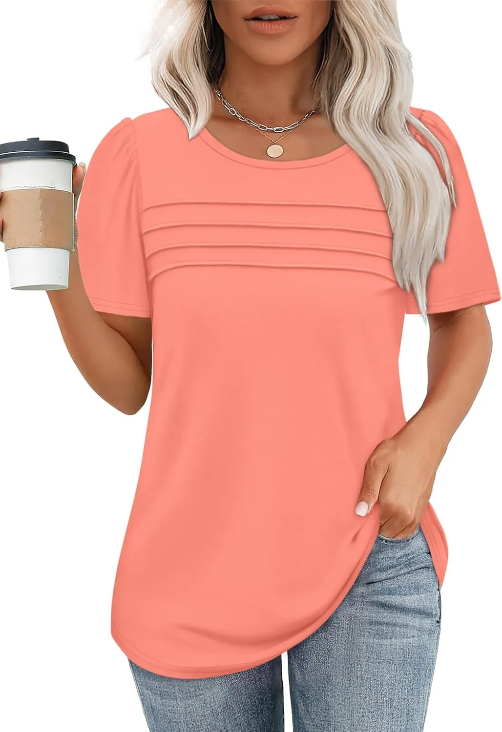 OFEEFAN Womens T Shirts Short Sleeve Tops Dressy Casual Blouses Spring Summer Outfits Flowy Pleated Front Scooped Neck