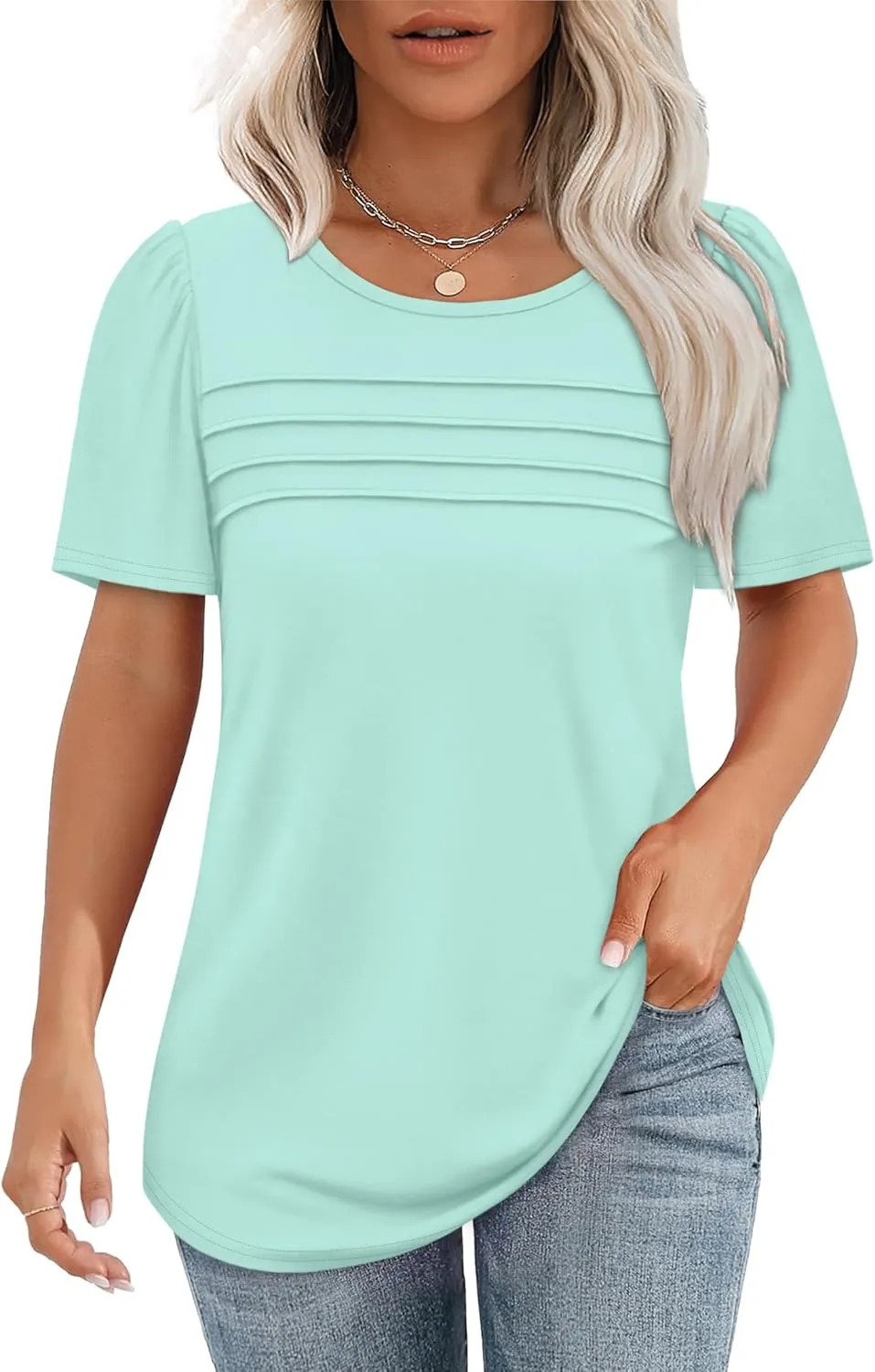 OFEEFAN Womens T Shirts Short Sleeve Tops Dressy Casual Blouses Spring Summer Outfits Flowy Pleated Front Scooped Neck