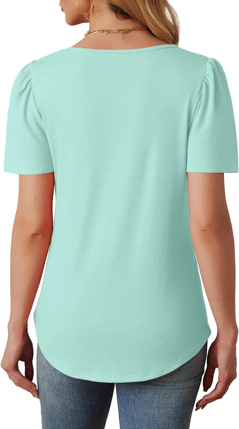 OFEEFAN Womens T Shirts Short Sleeve Tops Dressy Casual Blouses Spring Summer Outfits Flowy Pleated Front Scooped Neck