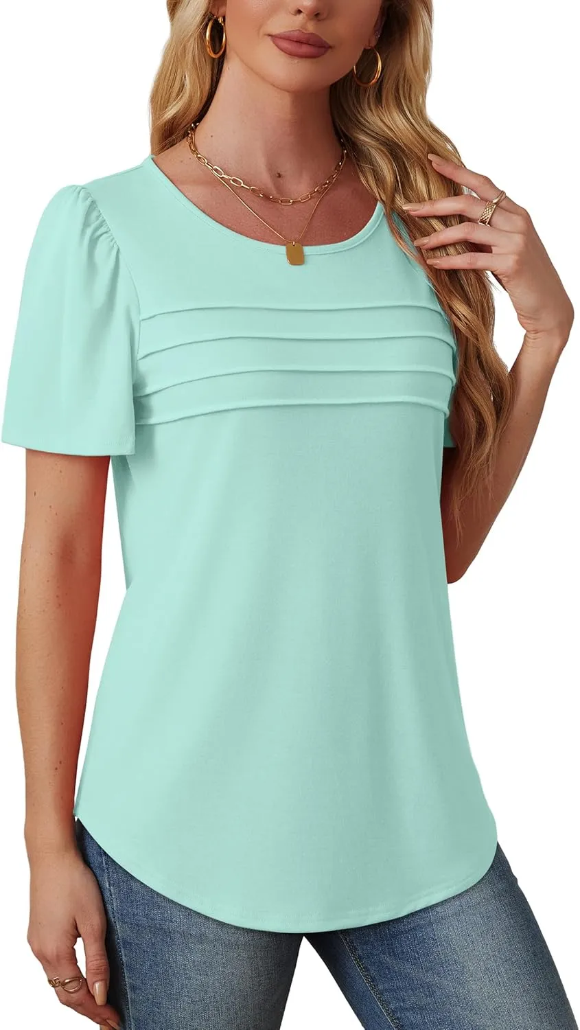 OFEEFAN Womens T Shirts Short Sleeve Tops Dressy Casual Blouses Spring Summer Outfits Flowy Pleated Front Scooped Neck