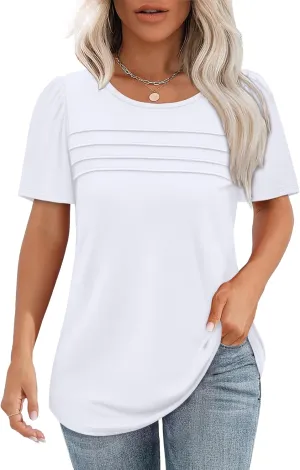 OFEEFAN Womens T Shirts Short Sleeve Tops Dressy Casual Blouses Spring Summer Outfits Flowy Pleated Front Scooped Neck
