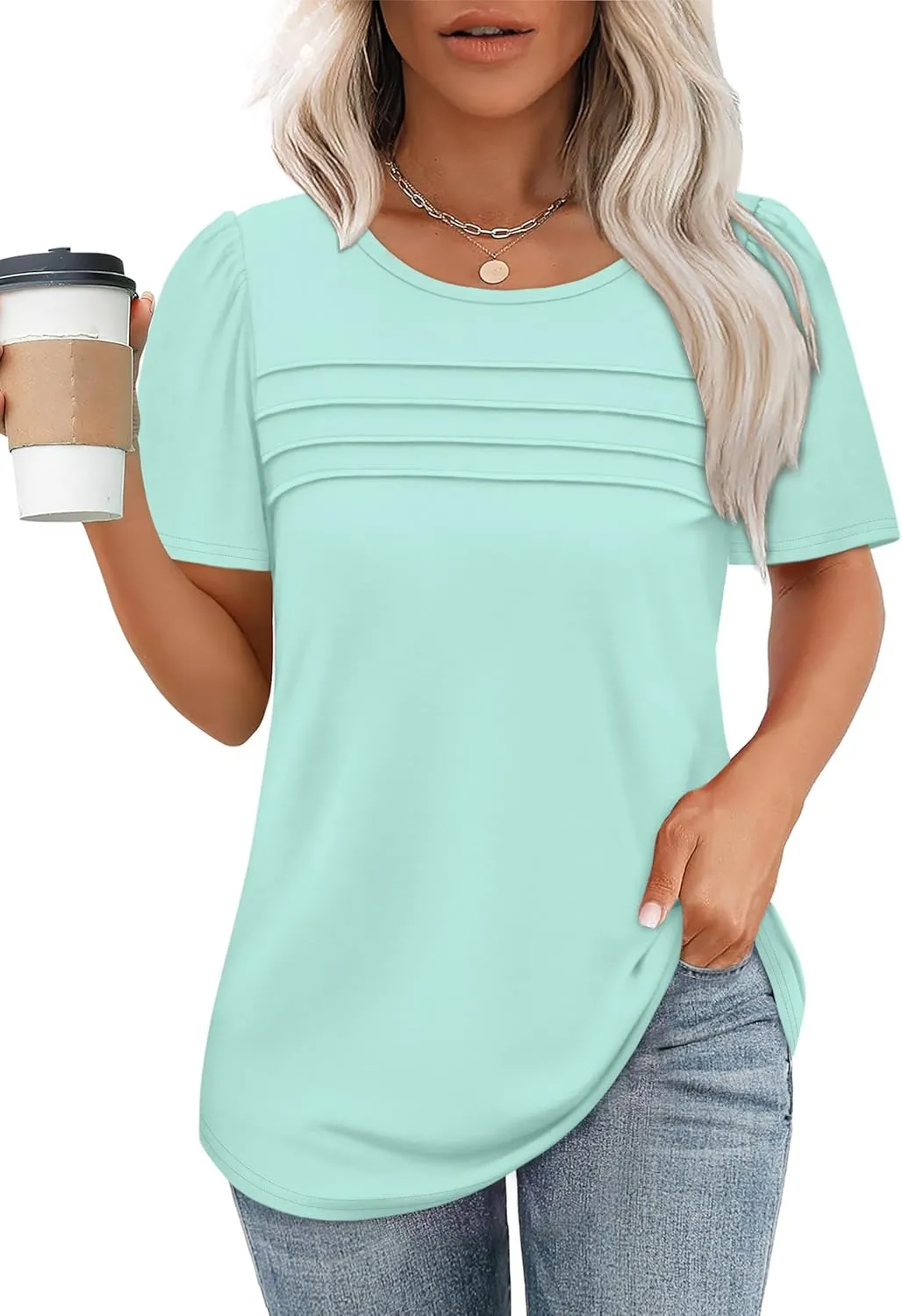 OFEEFAN Womens T Shirts Short Sleeve Tops Dressy Casual Blouses Spring Summer Outfits Flowy Pleated Front Scooped Neck