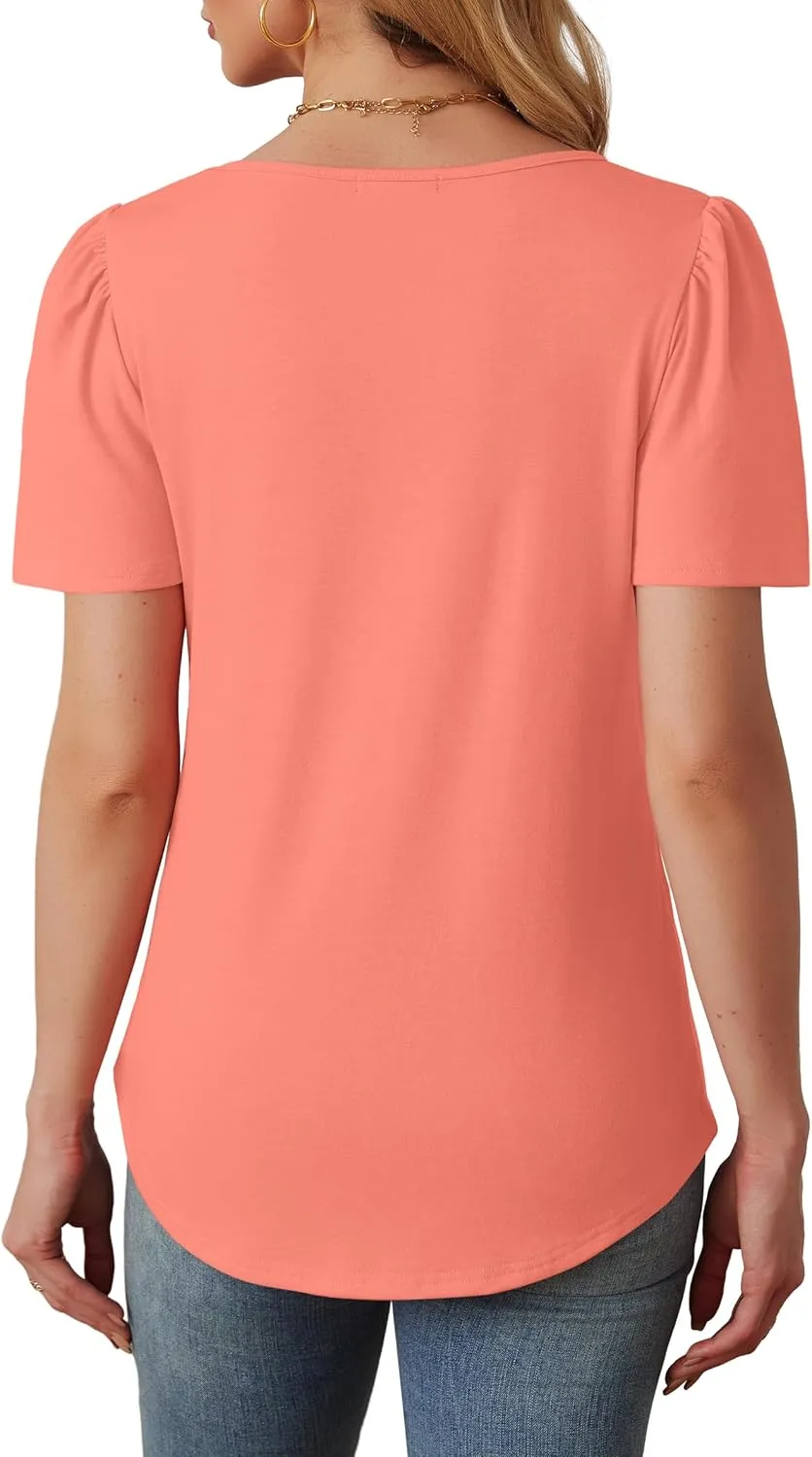 OFEEFAN Womens T Shirts Short Sleeve Tops Dressy Casual Blouses Spring Summer Outfits Flowy Pleated Front Scooped Neck