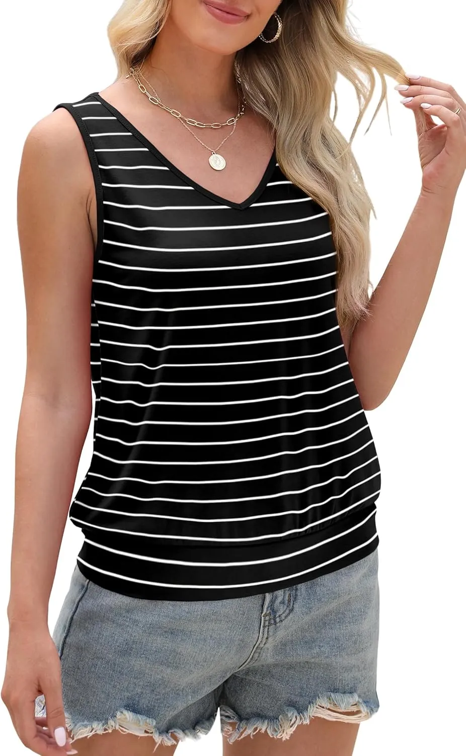 OFEEFAN Womens Tank Tops V Neck Basic Casual Summer Tops Loose Fit Sleeveless Shirts