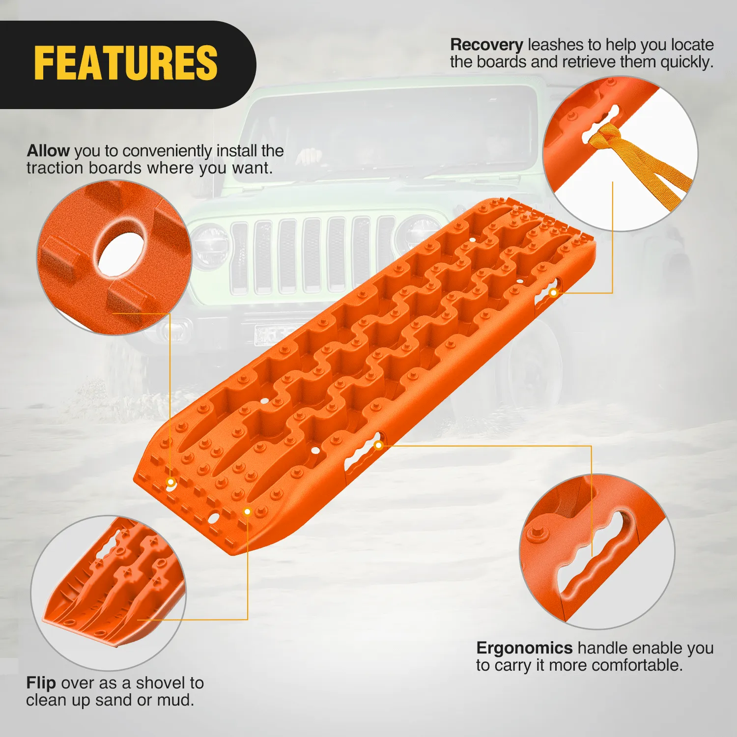 Off-Road Recovery Traction Boards For 4WD 4X4 with 2PCS Mounting kit Zipper Bag 2 leashes (Orange)