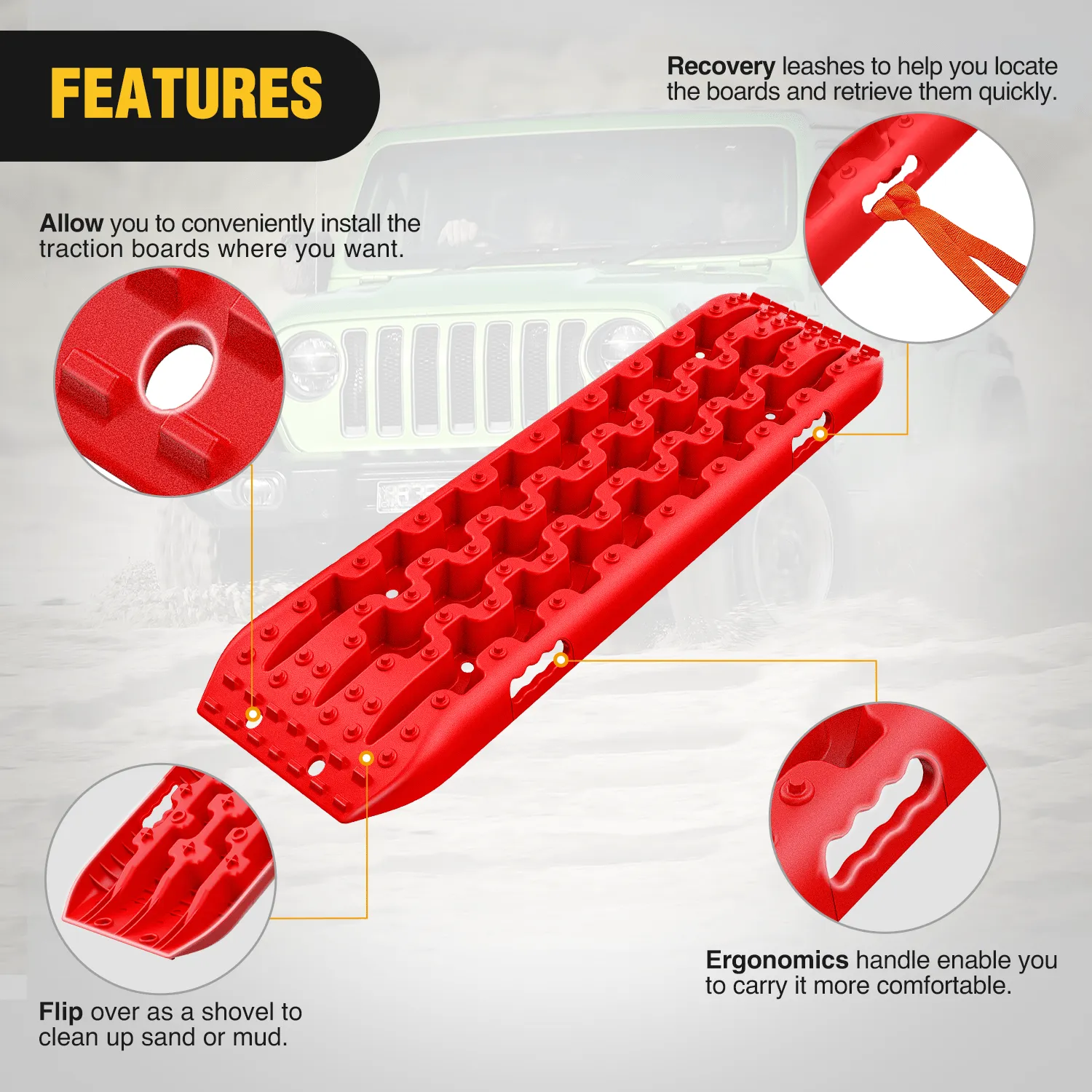Off-Road Recovery Traction Boards For 4WD 4X4 with 2PCS Mounting kit Zipper Bag 2 leashes (Red)