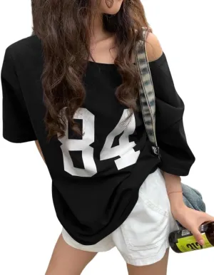 Off The Shoulder Tops for Women Short Sleeve Y2K Jersey Number Graphic Oversized Tshirts E-Girl Tees