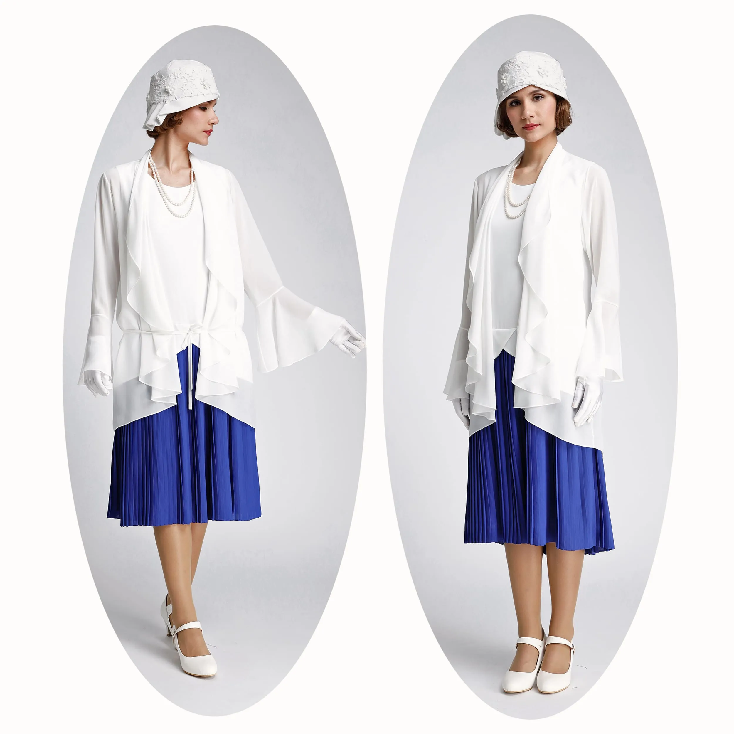 Off-white chiffon cardigan with cascade collar